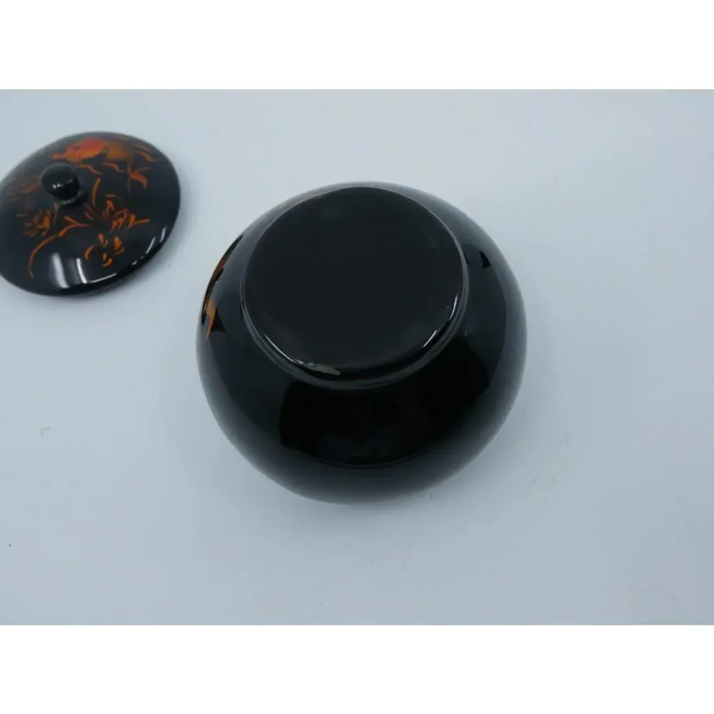 Round Lidded Lacquer Trinket Box Fancy Goldfish Hand Painted Designs Black Gloss